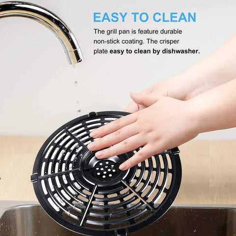 Nonstick Air Fryer Grill Pan Replacement Tray for 5Qt Round 8.7 Inch, Food Grade Stainless Steel being rinsed under sink