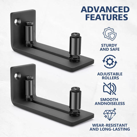 Heavy Duty Sliding Barn Door Floor Guide With Adjustable Rollers For That Slick Smooth Glide Rock Sturdy Steel Build showcasing two black rollers.