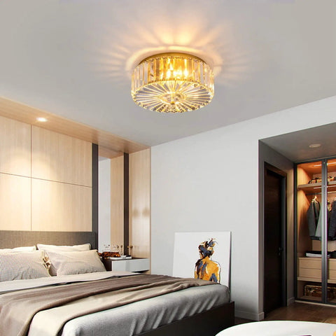 Four Light Crystal Drum Ceiling Light Fixture With Gold Brass Finish, Flush Mount Round Metal Shade, Dimmable And E12 Bulb Compatible, Luxe Modern Glow That Slaps In Dining Room, Living Room, Bedroom, And Bathroom