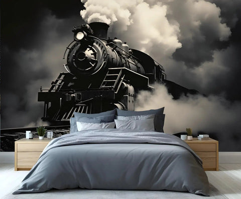 Massive Vintage Steam Train Mural For Living Room Or Bedroom Wall Decor, Retro Locomotive Wallpaper On Thick Silk Cloth, 169x118 inches
