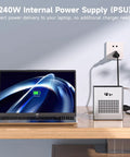 Next Level External GPU Docking Station Leveling Up Your Gaming Laptop Featuring AMD Radeon RX 7600M XT 8GB GDDR6 showing 240W power supply with laptop.