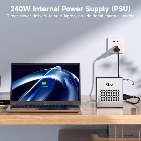 Next Level External GPU Docking Station Leveling Up Your Gaming Laptop Featuring AMD Radeon RX 7600M XT 8GB GDDR6 showing 240W power supply with laptop.