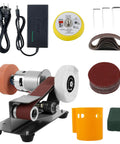 Compact Mini Belt Sander Featuring Seven Adjustable Speeds Hella Smooth Finishing And Precision Knife Sharpening For Metal Jewelry Woodworking And Quick Handyman Repairs Badass Bench Grinder Setup with attachments and accessories.