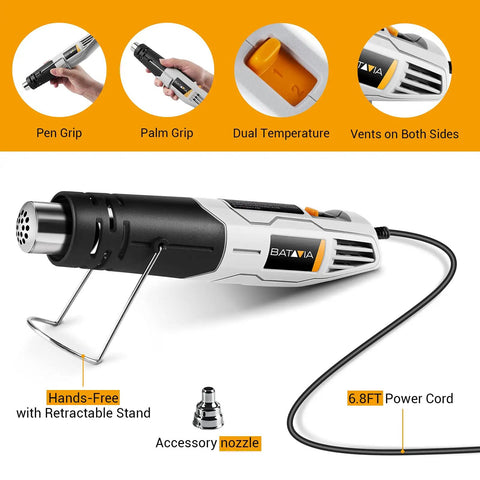 Compact 380W Mini Heat Gun With Two Modes 450 C And 250 C Delivers Quick Heat Up, includes accessory nozzle and retractable stand.