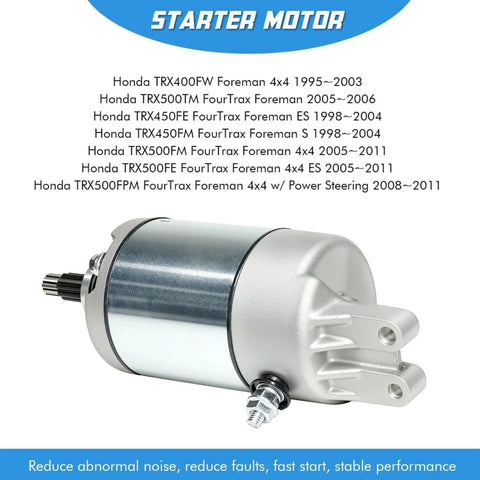 Honda Starter Motor Replacement For TRX400FW 450ES 450FM 450S 500FE 500FM 500FPE 500FPM 500TM Plug And Play Direct Fit High Quality OEM Style Replacement shown with compatibility list.