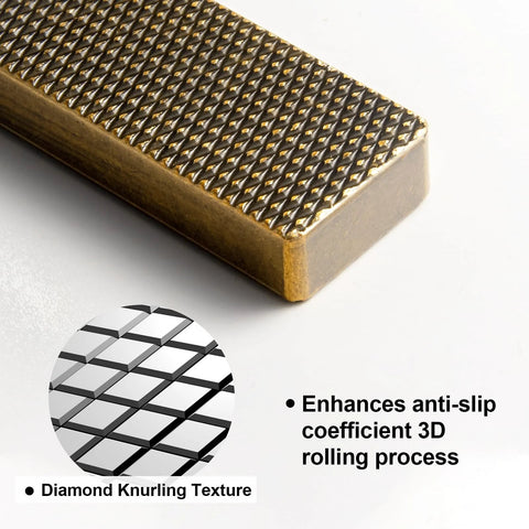Close-up of Antique Brass Knurled Cabinet Pulls 6 Pack 5 Inch Length With Deep Textured Knurl for Secure Grip