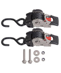 Pair of One Inch By Six Foot Bolt-On Retractable Ratcheting Tie-Down Straps With Quick Release No-Tangle Stainless Steel Auto Retract Marine Reel Transom Tie-Down Straps And S Hook For Motorcycles Boats And Trailers with mounting hardware