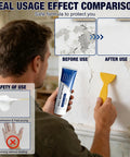 User applying Two Tubes Quick Drying Drywall Repair Paste Kit With Scrapers And Sandpaper No Fuss Wall Mending Compound For Cracks And Holes Easy Patch DIY Fix For Fast Smooth Clean Home Walls on a damaged wall, showing before and after effect.