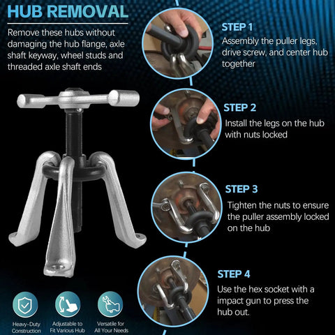 Heavy Duty Universal Hub Puller Boasting Hella Tough Adjustable Sliding Arms For No Sweat Wheel Hub Extraction and Smooth Brake Drum Removal On Any Daily Driver step-by-step assembly instructions.