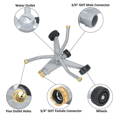 Heavy Duty Metal 3-Arm Rotating Sprinkler With Wheeled Base, 360 Degree Lawn Sprinkler For Small Yards, product components view