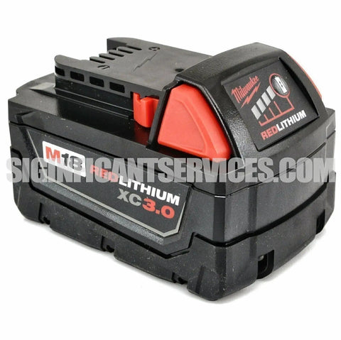 Close-up of M18 REDLITHIUM XC 3.0 battery compatible with M18 Hackzall Cordless One Handed Reciprocating Saw Kit.