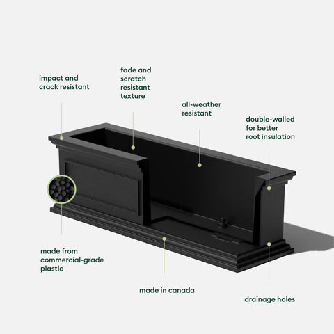 Brixton Window Box Plastic Planter for Outdoors, large rectangular design, crack-resistant recycled plastic, shown in black.