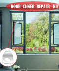All In One Screen Door Closer Repair Kit With Two Heavy Duty Washers And Eight Replacement Pins Universal Fit For Andersen Emco Larson And Pella Storm Doors So You Fix It Fast And Keep It Slamming Smoothly displayed on a window corner.