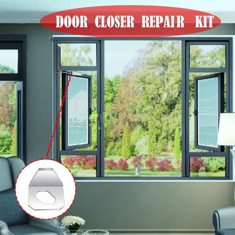 All In One Screen Door Closer Repair Kit With Two Heavy Duty Washers And Eight Replacement Pins Universal Fit For Andersen Emco Larson And Pella Storm Doors So You Fix It Fast And Keep It Slamming Smoothly displayed on a window corner.