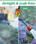 Comparison of 1000-Hole Garden Hose Nozzle with soft mist spray in use, ideal for greenhouses, against a leaking standard nozzle