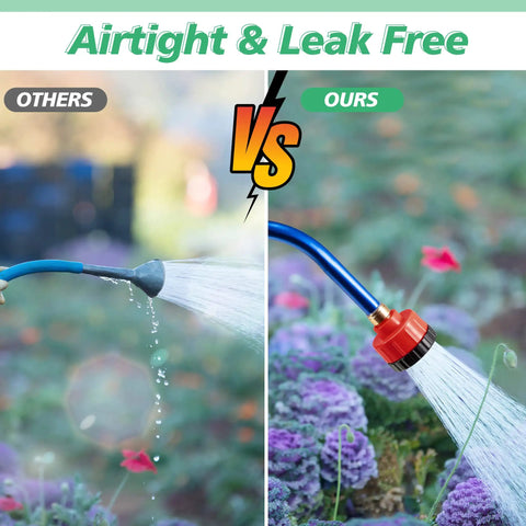 Comparison of 1000-Hole Garden Hose Nozzle with soft mist spray in use, ideal for greenhouses, against a leaking standard nozzle