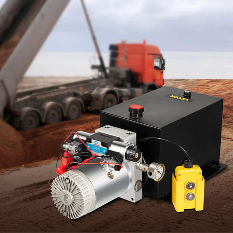 Beefy 12V DC Hydraulic Pump Dual Acting Unit With 11.4L Tank And Brass Gauge for Dump Trucks, Trailers and Aerial Work Platforms