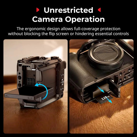 Pro Grade Camera Cage For Canon PowerShot V1 With Ergonomic Silicone Grip and open memory card slot view