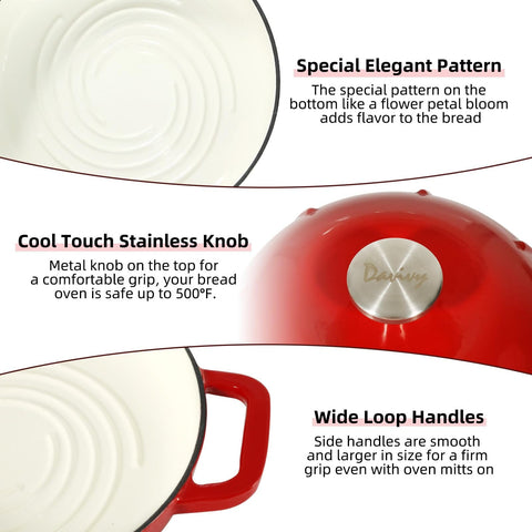 Detail view of 5 Quart Cast Iron Dutch Oven For Sourdough Baking With Domed Enamel Lid in Cherry Red showing interior pattern, knob, and handles.