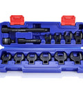 Open blue storage box showing Crowfoot Wrench Set 3/8 Inch Drive, 13 Piece Metric Crowfoot Wrenches With Two Extension Bars and adapter.