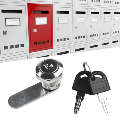 Mailbox Lock With 2 Keys For File Cabinet Tool Box Locker Cam Lock Security Lock in front of white mailboxes and a red locker