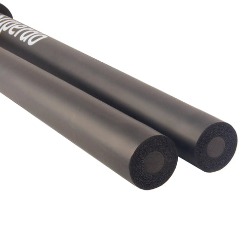 Close-up of end tips of Foam Sword Practice Set, Double Pack Black 35.5 Inch Swords With Plastic Handles, Durable Safe Foam.