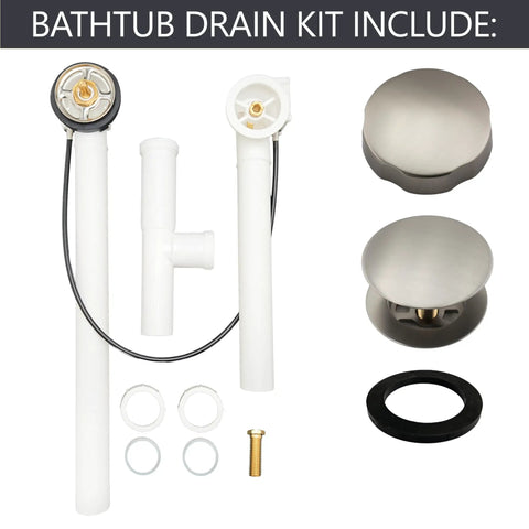 Dead Simple 27 Inch Cable Drive Bath Drain Trim Kit With Rotary Overflow Knob And Pop Up Stopper Satin Nickel Finish components.