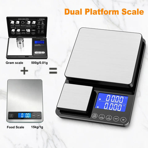 Two-In-One Dual Platform Kitchen Scale With 33 Lb Large Platform And 1.1 Lb Small Platform, 0.03 Ounce And 0.001 Ounce Precision