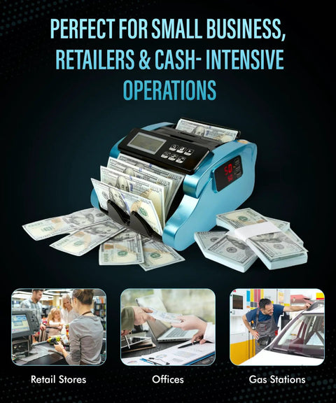 High Speed Money Counter Hits 1000 Bills Per Minute With UV MG IR DD Counterfeit Detection Large LCD Display in use
