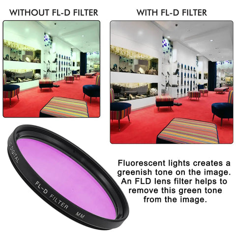 52mm Lens Filter Kit Bundle Pro With UV CPL FLD Filters And Travel Case For Cameras, shows FLD filter use, reducing green tint.