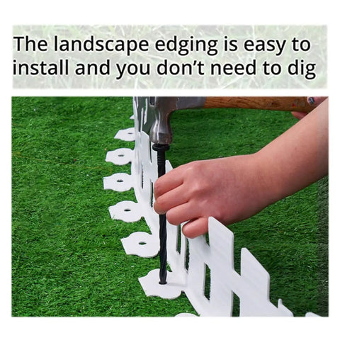 Installing Arched White Garden Edging 33 Feet Long with 60 Plastic Stakes Flexible No Dig Lawn Border in grass