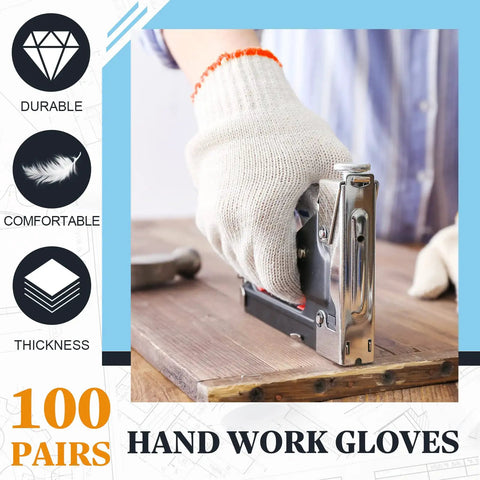 Person using stapler while wearing 100 Pairs Cotton Liner Gloves for Work and BBQ Roping, Non Slip White Safety Hand Protection.