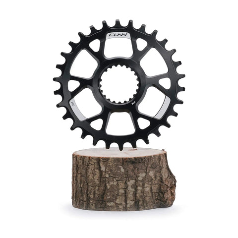 Narrow Wide 30T Direct Mount Chainring For Shimano MTB Cranks, One Piece 7075 Aluminum CNC Finish, displayed on wooden stump.