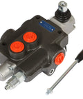 Angled view of All-CARB 4-way 1-spool hydraulic valve with spring-centered 3-position control and orange port plugs.