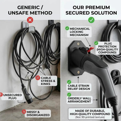 Comparison of generic EV cable storage vs Kick Back And Charge With This Heavy Duty EV Charger Holder For Type 2 Plugs.