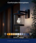 Dusk To Dawn Outdoor Sensor A19 LED Bulb 5000K Daylight installed in outdoor wall lantern, creating comfortable atmosphere