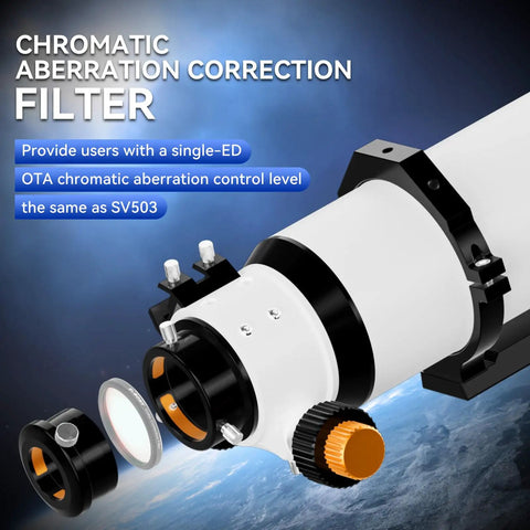 102mm F6.5 Refractor Telescope showing 2.5 inch dual speed focuser and chromatic aberration correction filter