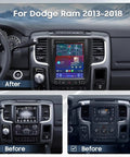 9.7 Inch Car Radio Upgrade Dash Kit For Dodge Ram 2013-2018, Android 13 installed, showing before and after upgrade views