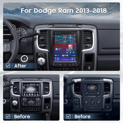 9.7 Inch Car Radio Upgrade Dash Kit For Dodge Ram 2013-2018, Android 13 installed, showing before and after upgrade views