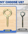 No Mess Heavy Gold Screw Eye Hooks Four Count Featuring Knockout Carbon Steel Build, showing a new gold hook vs a rusted one.