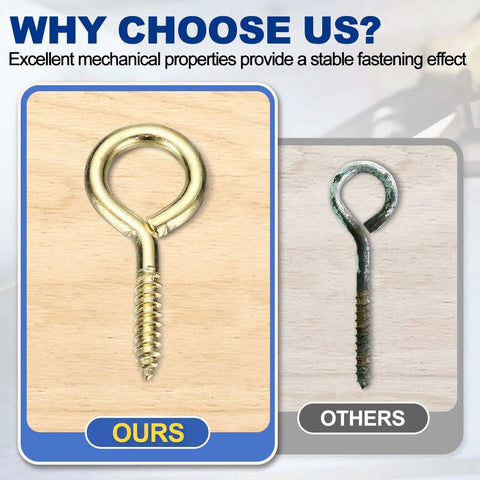 No Mess Heavy Gold Screw Eye Hooks Four Count Featuring Knockout Carbon Steel Build, showing a new gold hook vs a rusted one.