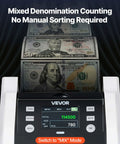 VEVOR High Speed Money Counter Machine For Dollars And Euros 1200 Bills Per Min displaying banknotes in mixed denomination counting mode.