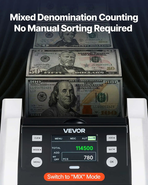 VEVOR High Speed Money Counter Machine For Dollars And Euros 1200 Bills Per Min displaying banknotes in mixed denomination counting mode.