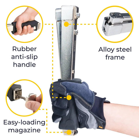Heavy Duty Hammer Tacker Stapler For 3/8 Inch Crown Staples One Hand Operation Manual Workhorse For Roofing Fencing Flooring Construction with alloy steel frame.
