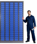 Heavy Duty Parts Cabinet With 100 Drawers And Adjustable Dividers For Nut Bolt Storage Badass Hardware Organizer Holds 920 Pounds, man holding tools next to cabinet.