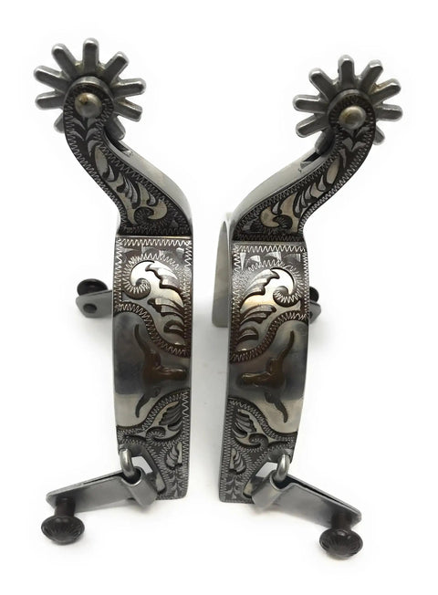 Longhorn Floral Show Spurs For Men With One Inch Stainless Band Two Inch Shank One And One Eighth Inch Ten Point Stainless Rowels