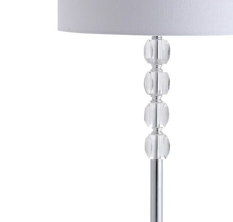 Close-up of Lit Glam Chrome And Crystal LED Floor Lamp With White Linen Drum Shade showing crystal neck accents and part of the shade