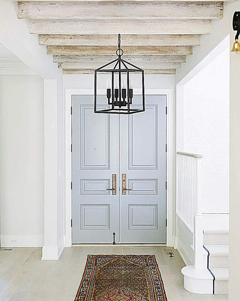 Vintage Foyer Lantern Pendant Light With 4 Light Iron Matte Black Chandelier in entryway