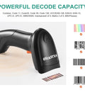 Speedy 1D USB Barcode Scanner With Stand, handheld wired laser reader shown scanning multiple barcodes, highlighting capability.