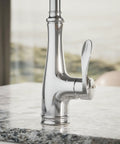 Bellera Bar Sink Faucet With High Arc Swing Spout And 360-Degree Rotation, polished chrome, installed on marble countertop